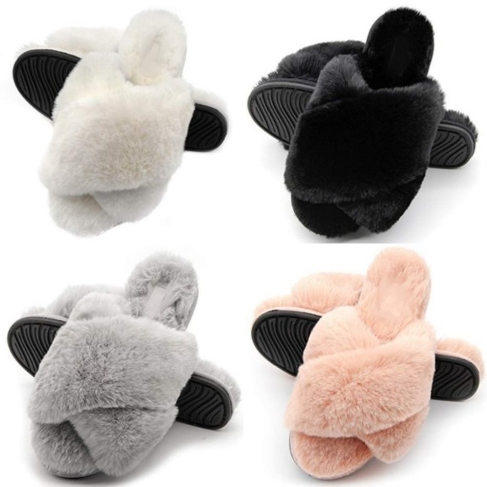 Pretty,White Faux Fur Slide Slippers - Picture 1 of 4